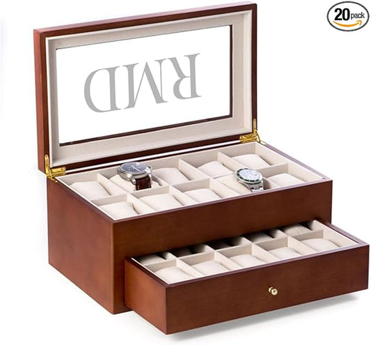Bey-Berk Personalized Bosh Cherry Wood 20-Slot Watch Box, Glass-Top Solid Wood Watch Display Case with Drawer and Velour-Lined Cushions, 14.75" x 8.5" x 6.5"