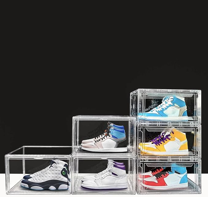 KDOR Shoe Box Clear Plastic Stackable for Sneakers,Closet,Hat. 10 Pack Sneaker Storage Boxes with Magnetic Door, Acrylic Display Case, Strong and Sturdy Fit Shoe Size Up to US 15