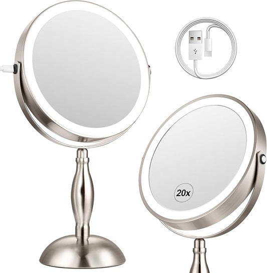 20x Magnifying Mirror with Light, 5000mAh Lighted Makeup Mirror with 3 Color Modes and Adjustable Brightness, Side Charging Port & SideTouch Sensor, 360Â° Rotation -Brushed Nickel