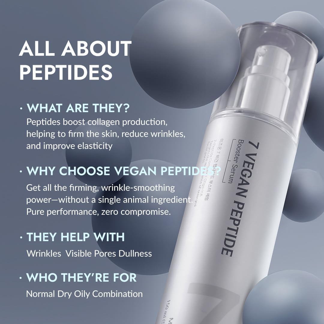 MIZON 7 Vegan Peptide Booster Serum Korean Anti-Aging Face Serum with Niacinamide & Hyaluronic Acid Hydrating Firming & Smoothing Skincare for Fine Lines & Skin Repair – 5.07 fl oz