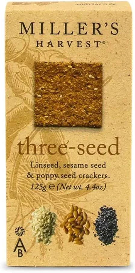 Miller's Harvest Artisan Biscuits Three-Seed Crackers | Stoneground Wholemeal Flour with Linseed Poppy & Sesame | Imported from England | 4.4 oz
