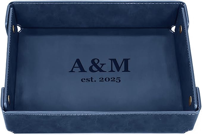Engraved PU Leather Valet Tray for Couples â Personalized Catchall with Custom Name â Organizer for Keys, Wallet, Jewelry â Romantic Gift â Blue