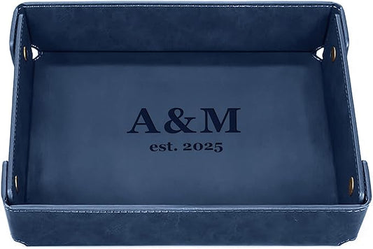 Engraved PU Leather Valet Tray for Couples â Personalized Catchall with Custom Name â Organizer for Keys, Wallet, Jewelry â Romantic Gift â Blue