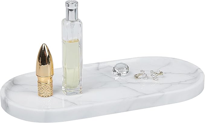 Natural Marble Tray 9.8âx4.7âx0.6â | Hand-Polished Oval Stone Tray for Bathroom Vanity & Jewelry Display â Durable, Unique Vein Patterns (Carrara White)
