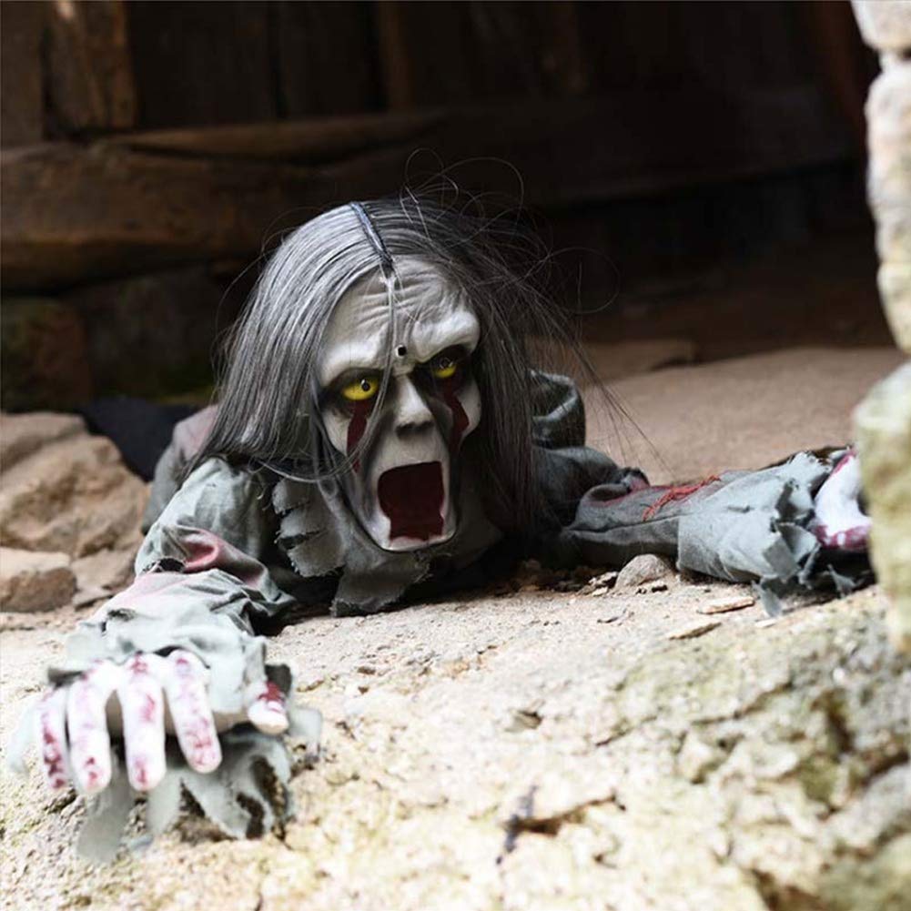 Joliyoou Halloween Decoration, 43.3-Inch Touch & Voice Activated Crawling Zombie, Scary Groundbreak Animated Halloween Zombie Prop for Halloween Outdoor Decor