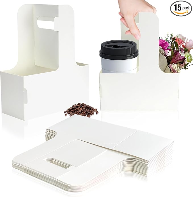 2 Cup Disposable Drink Carrier for Delivery with Handle,15 Count White Paperboard Cup Holder,Cup Carriers for Hot or Cold Drinks,Coffee Carrier, Food Delivery,Take Out Cup Carriers (White, 15 PCs)