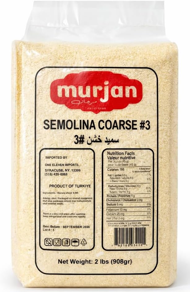 Murjan Coarse Semolina 2 lb (908 g) Premium Coarse Grind Durum Wheat Flour, Vacuum Sealed for Freshness, Perfect for Pasta, Couscous & Baking