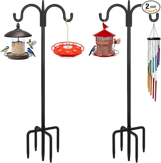 FEED GARDEN Adjustable Double Shepherds Hook for Outdoor with 5 Prong Base 108 Inch Heavy Duty Two Sided Bird Feeder Pole for Hanging Plant Baskets, Solar Light Lanterns, Wind Chimes 2 Pack
