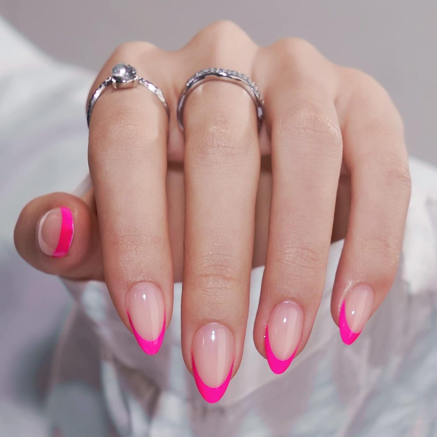French Tip Press On Nails Almond - BTArtbox Hot Pink Short Stick On Nails for Women, Glue On Nails with Nail Glue in 16 Sizes - 30 Soft Gel Fake Nails Kit, Berry French