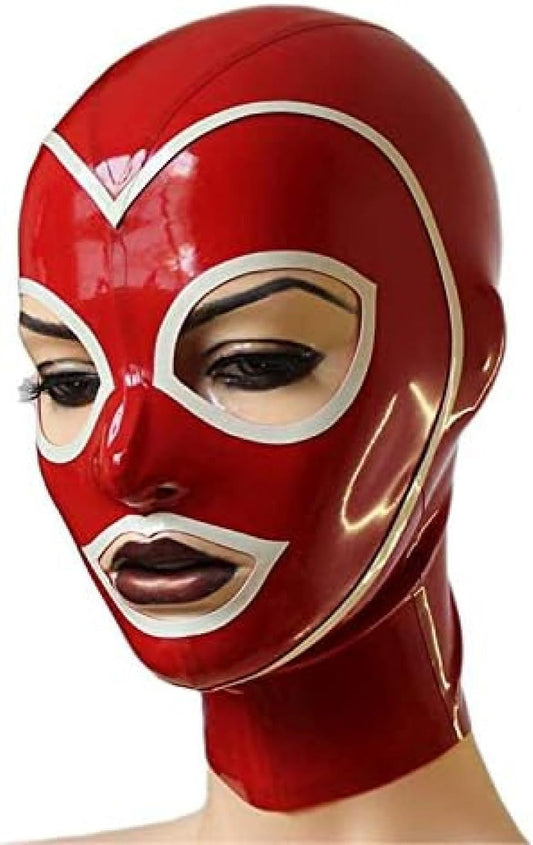 Red Latex Hood with White Brim Back Zipper Open Eyes Rubber Mask Club Party Wear Costume,Customize Size