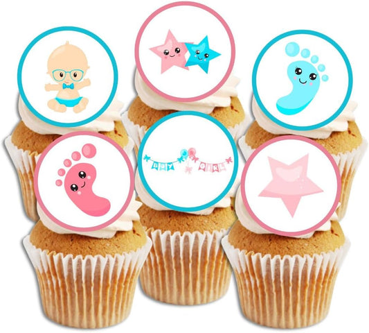 24 Boy/Girl Theme Gender Reveal, Baby Shower Edible Cupcake Toppers - Stand Up Discs Wafer Cake Decorations, 24 x 4cm / 1.5 Inch Wafer Card Discs UNCUT