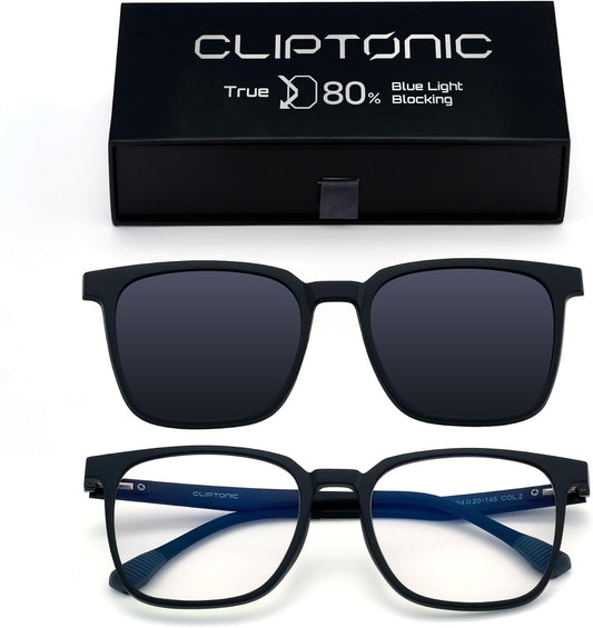 Blue Light Glasses with Magnetic Clip-On Sunglasses, Polarized UV400, Lightweight TR90 Frame