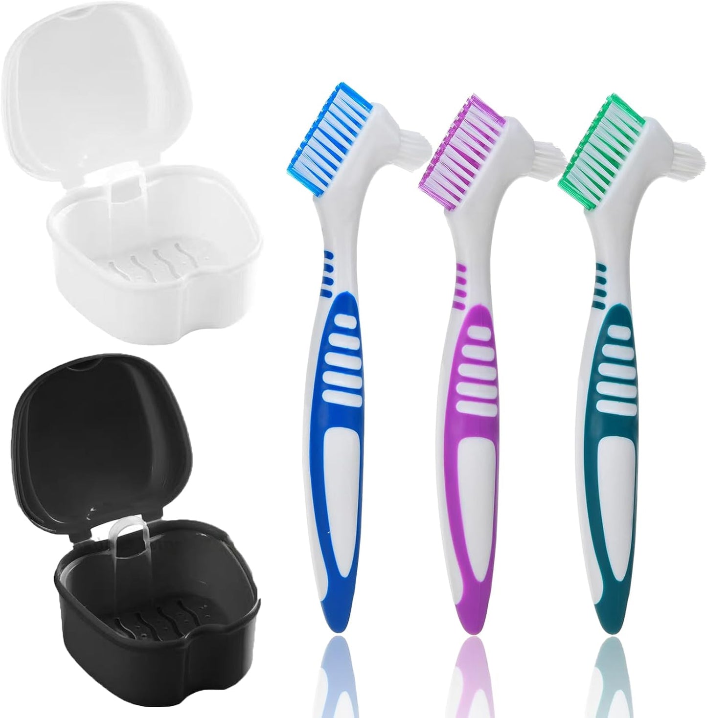 5PCS Denture Bath Case Cup Kit Denture Brush Kit Denture Cleaning Kit with 3 Denture Brush, 2 Denture Bath Case with Strainer Basket and Lid, Black and White