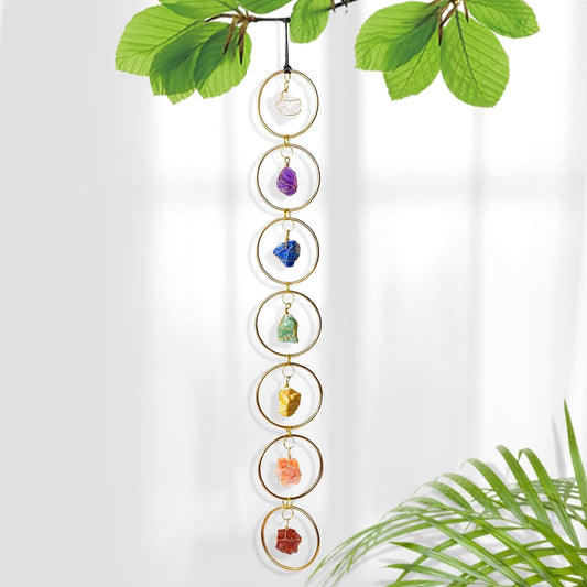 Natural Raw Crystal Stone 7 Chakras Wall Decor Healing Crystal Gemstone Outdoor Indoor Window Round Hanging Home Decoration (Gold Color)