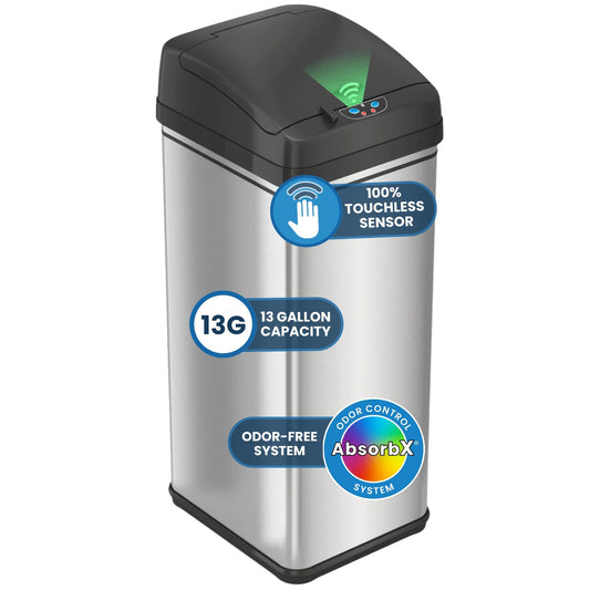 iTouchless 13 Gallon Patented Sensor Trash Can with Lid & Odor Filter, Original Inventor 50L Automatic Kitchen Garbage Bin, Fingerprint-Proof Stainless Steel, Pet-Proof Lock, Soft-Close, Silver