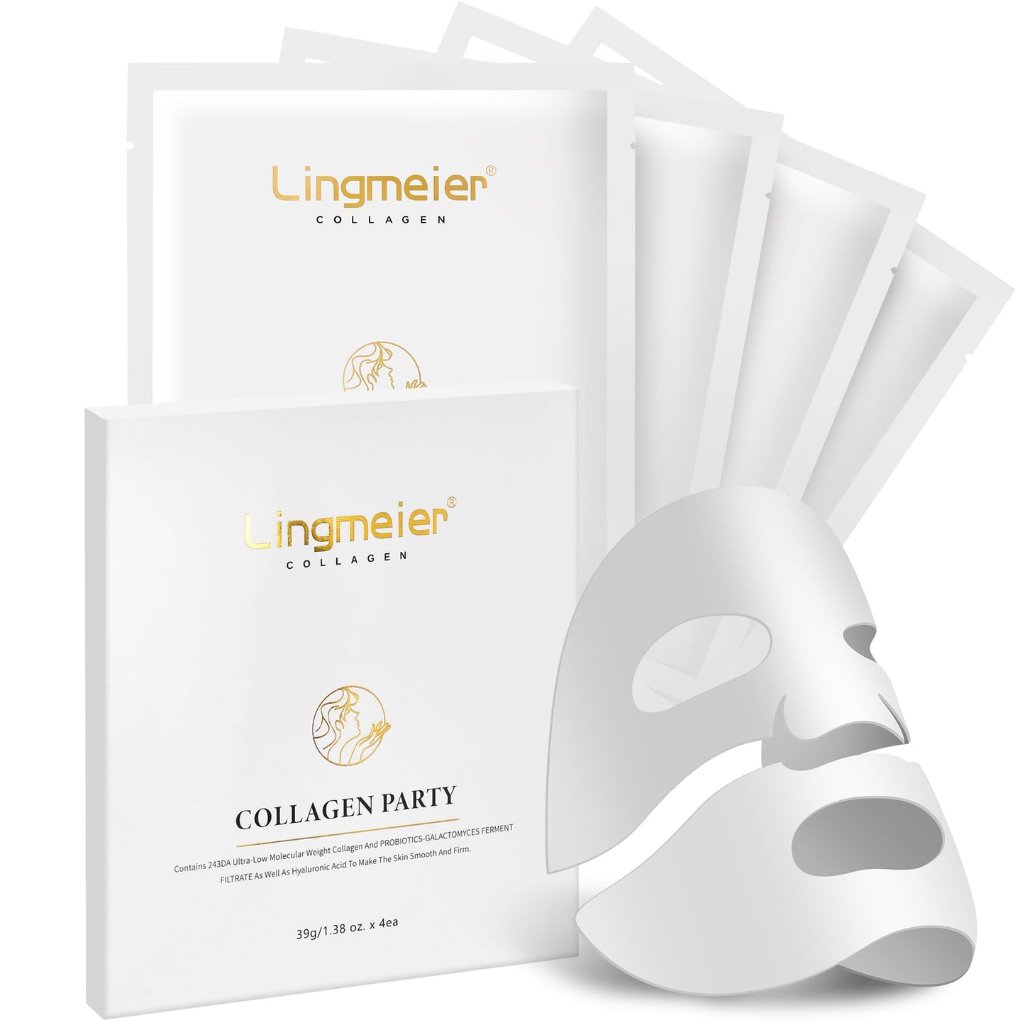 Lingmeier Collagen Face Mask - 80,000ppm Marine Hydrolyzed Collagen & Hyaluronic Acid | Overnight Hydration Gel Sheet for Deep Moisture | Gentle Formula, Safe for Sensitive Skin