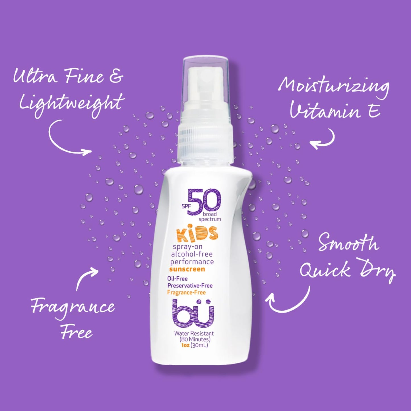 BU SPF 50 Fragrance Free Kids Sunscreen Spray for Face and Body, TSA Travel Size Sunscreen, Clear Non Aeorsol Spray, Non Greasy, Water Resistant and Oil Free, 1 oz (4-pack)