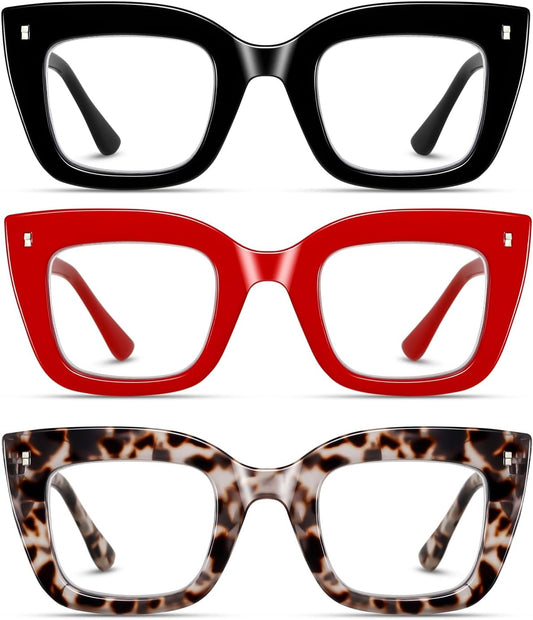 Hubeye 3 Pack Fashion Style Reading Glasses Oversized Readers Blue Light Blocking Computer Eyewear With Spring Hinge