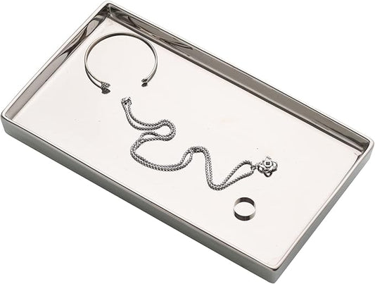 Ceramic Trinket Tray Rectangte Vanity Jewelry Organizer Makeup Mirror Tray Silvery Medium