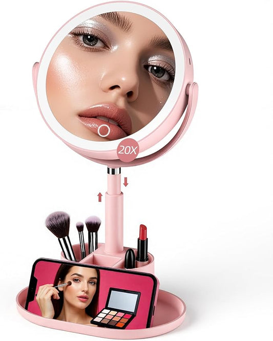 Shinowa Makeup Mirror with Lights, 1X/20X Lighted Magnifying Mirror with Storage for Makeup & Jewelry, 2-Sided Height Adjustable Vanity Mirror with 3 Color Lights, 360Â° Rotation & Rechargeable, Pink