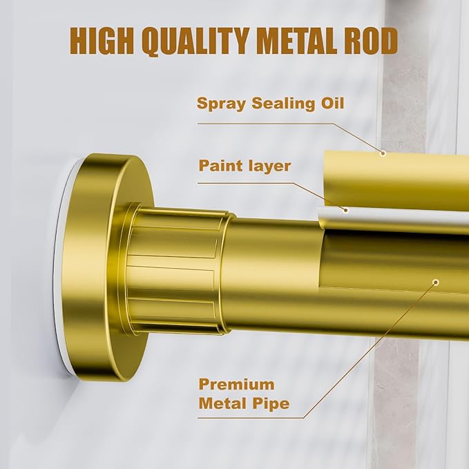 Ausemku Shower Curtain Rod 32-50 Inch Adjustable - 1 Inch Diameter Heavy Duty No drill Spring Tension Shower Rod, Non-Slip Rustproof Telescopic Rod for Bathroom, Gold