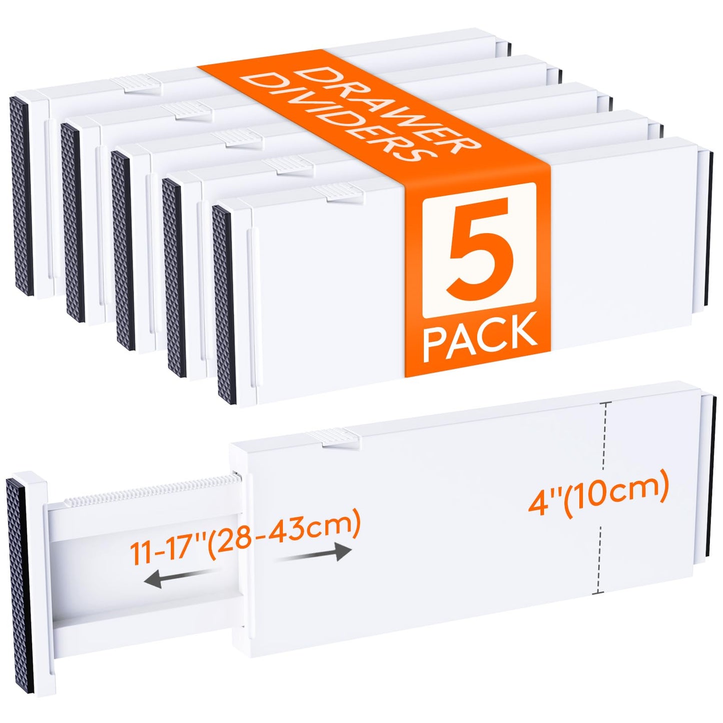 Lifewit 5 Pack 4" High Drawer Dividers 28-43.5cm/11-17" Adjustable Drawer Organizer for Clothes/Utensils, Expandable Drawer Separator in Dresser/Kitchen/Bedroom/Office Organization & Storage White