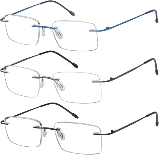 Eyekepper 3-Pack Rimless Metal Reading Glasses for Men - Rectangle Frameless Readers (Black/Blue/Gunmetal)+0.50