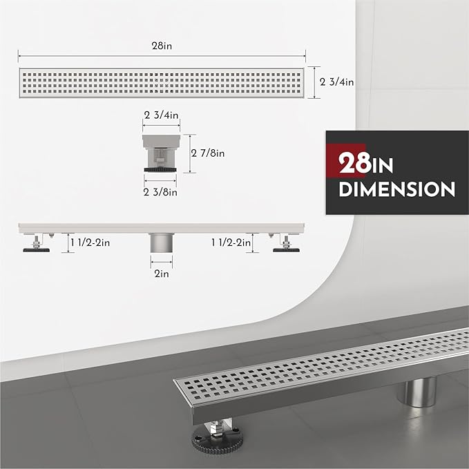 WEBANG 28 Inch Linear Shower Drain Rectangular Floor Drain with Accessories Square Hole Pattern Cover Grate Removable SUS304 Stainless Steel CUPC Certified Brushed