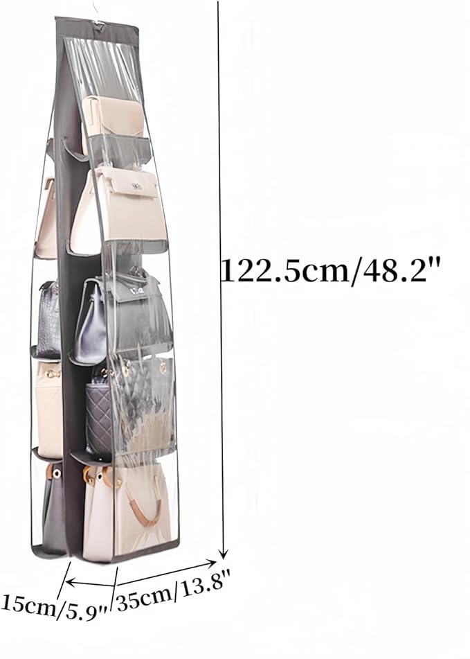 HAN SHENG 10 Pockets Clear Handbag & Purse Organizer Hanging Bag Storage - Space Saving Hanging Shelf for Closet, Wardrobe, Over Door (1 Pack, Grey)