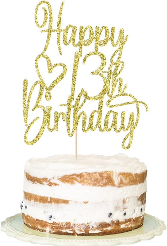 Gold Glitter Happy 13th Birthday Cake Topper - Cheers to 13 Years Cake Topper, 13 & Fabulous Cake Decoration for Hello 13th Birthday Anniversary Party Cake Decorations Supplies