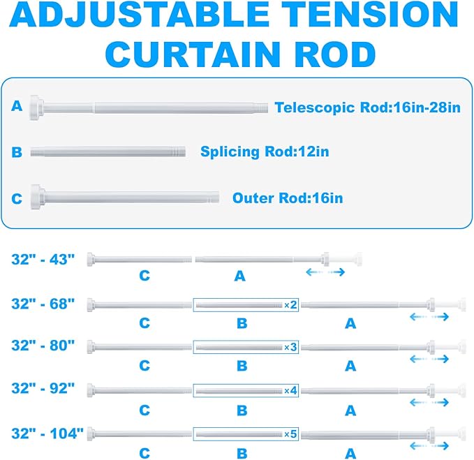 TEECK Shower Curtain Rod, 32-92 inch Adjustable Spring Tension Curtain Rod, Never Rust Anti-Slip Shower Curtain Rod for Bathroom, No Drilling, Never Collapse, Easy to Use, White