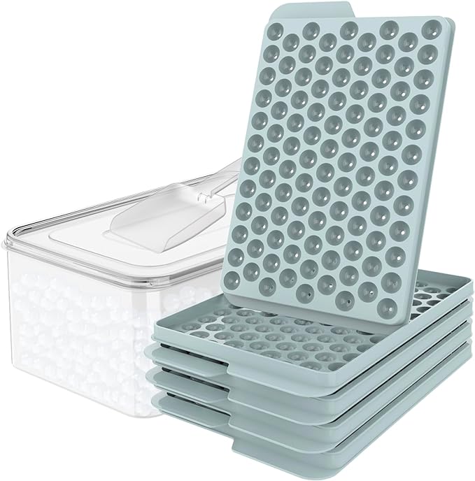 WIBIMEN Mini Ice Cube Trays, 0.55â Tiny Pebble Ice for Iced Coffee & Cocktails, Fast Chill, Easy Twist Release, Stackable with Lid & Storage Bin (4 Pack, Blue)