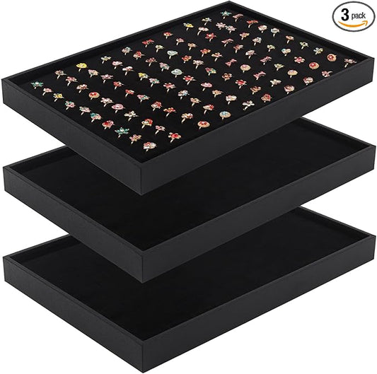 Rocutus Ring Display Tray, 3 Pack Velvet Jewelry Organizer 100 Slot Ring Holder, Earring & Necklace Storage, Gift for Jewelry Lovers, 13.8x9.5x1.3 Inch