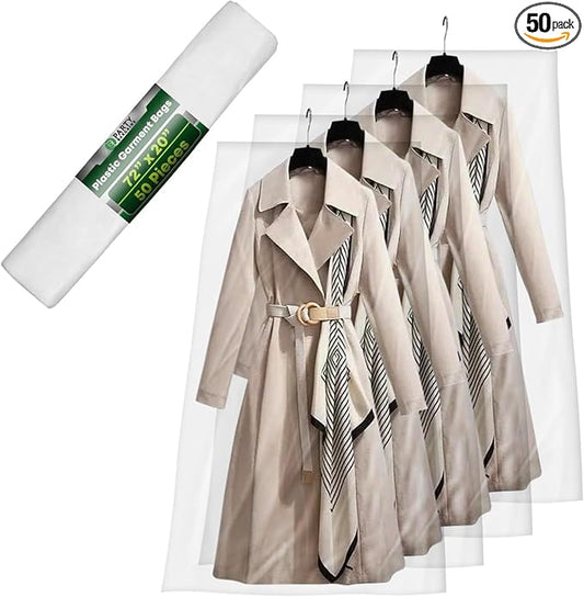 PARTY BARGAINS 72 x 20 Inch Disposable Clear Garment Bags, 50 Pack â Heavy-Duty Plastic Clothes Covers for Suits Dresses Coats, Closet & Travel