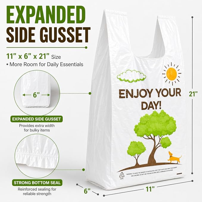 YoYoRain White Thank you T shirt bag, Grocery shopping bag Reusable and Disposable Supermarket Bag 11''x6''x21'' 150PCS