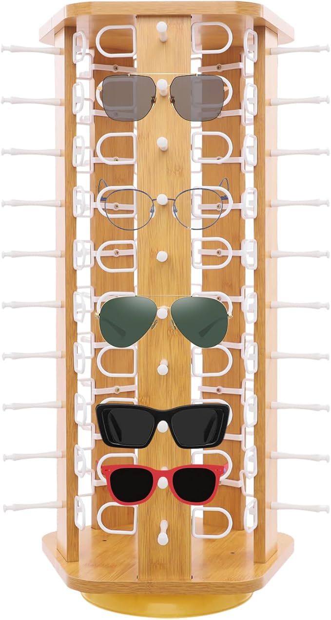 50 Pairs Glasses Rack, 360Â° Rotating Sunglasses Display Rack, 5-Sided Eyeglasses Storage Organizer, Eyewear Holder, Commercial Sunglasses Display Stand, Log Color