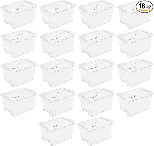 Sterilite 48 Qt Hinged Lid Storage Box, Stackable Bin with Lid, Plastic Container to Organize Home, Office, Basement, Clear with White Lid, 18-Pack
