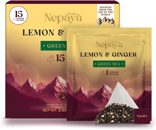 Nepaya Lemon Ginger Green Tea Bags – 15 Individually Wrapped Biodegradable Pyramid Tea Bags, Low Caffeine, Fruity Citrus Flavor with Zesty Lemon & Spicy Ginger, Premium High-Grown Nepal Green Tea