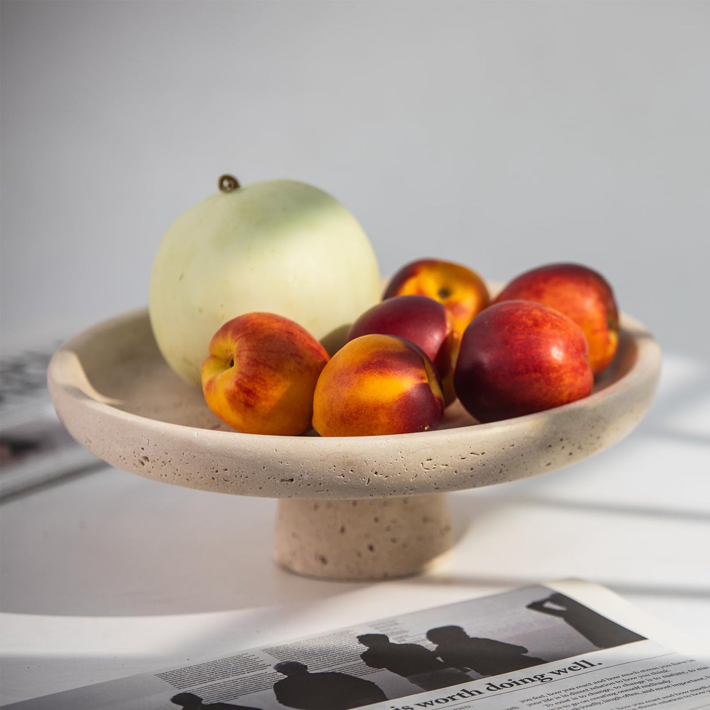Natural Travertine Fruit Bowl 11.8" â Large Decorative Bowl & Travertine Decor Pedestal for Kitchen Counter & Dining Table ,For Entryway, Kitchen Fruit Bowl, Potpourri, Dining Table Centerpiece.