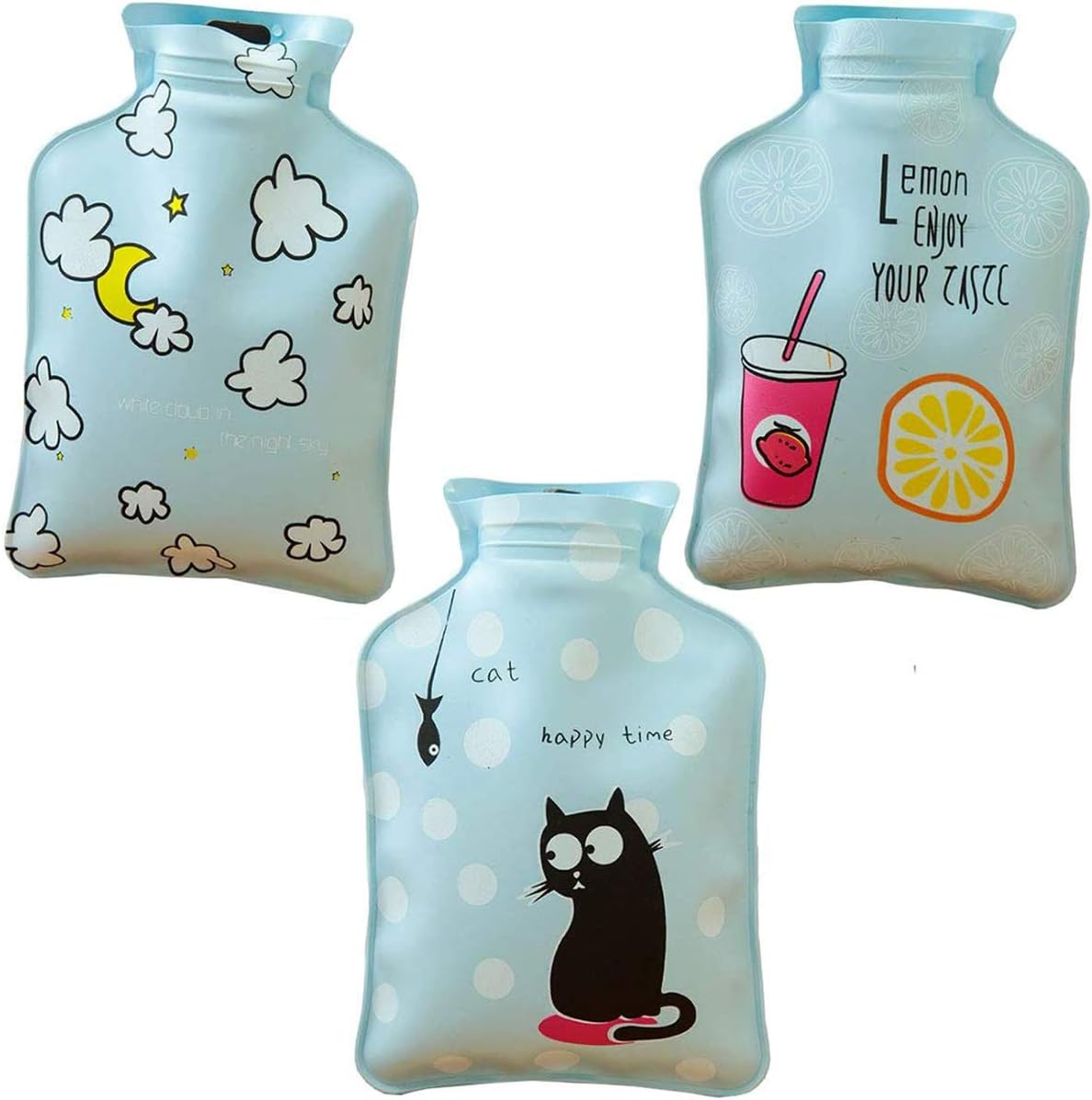 3Pcs Mini Hot Water Bottle Bag/Hand Warmer, Light and Handy, Small Heat Up and Refreezable Cold Pack, Korea Style Cute Therapy Heating Pad Warming Pain Relief, Random Pattern (Blue)