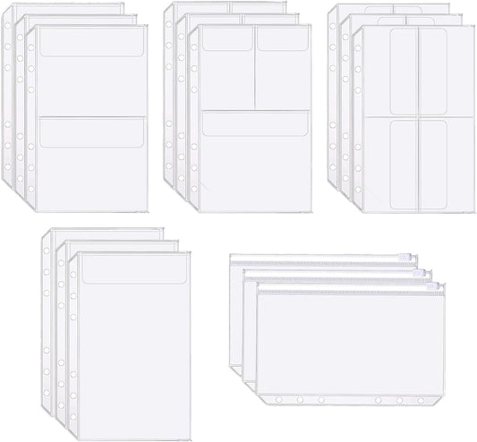 Binder Pockets, 15pcs A5 Size 6 Holes Binder Pockets, [Waterproof PVC Pouch] Premium Clear Binder Zipper Folders Document Filing Bags for 6-Ring Notebook Binder Loose Leaf Bags,-Clear