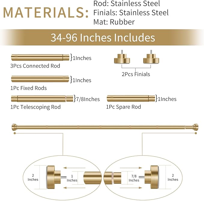 YNL Tension Shower Curtain Rod 34-96 Inches（2.8-8ft) Adjustable Spring Shower Rod No Drilling, Non-Slip, Never Rust, Stainless Steel, Suitable for Bathroom Window Kitchen, Gold