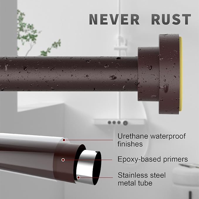 Thestoa Brown Shower Curtain Rod Adjustable 43-78 inch, 1"Diameter Spring Tension Curtain Rod No Drill, Anti-Rust Non-Slip Shower Rod for Bathroom Tension Rod