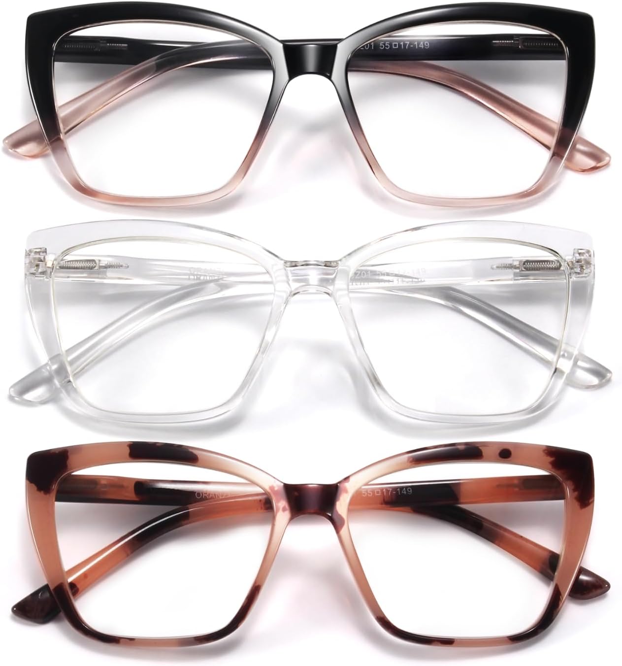 Reading Glasses for Women, 3 pack Fashion Oversized Blue Light Readers for Women, Spring Hinge Cat Eye Glasses Anti Eyestrain (B1 Blackpink Transparent Pink, 1.75)