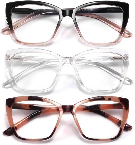 Reading Glasses for Women, 3 pack Fashion Oversized Blue Light Readers for Women, Spring Hinge Cat Eye Glasses Anti Eyestrain (B1 Blackpink Transparent Pink, 1.75)
