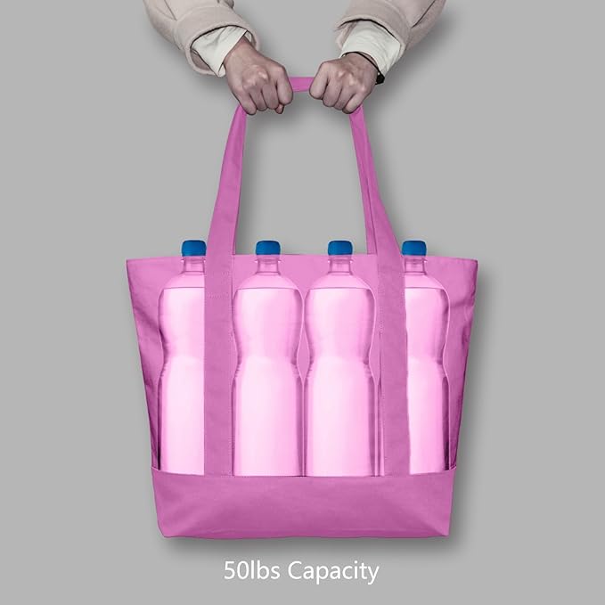 TOPDesign 3-Pack Canvas Tote Bags with an External Pocket, Reusable Grocery Shopping Bags, Top Zipper Closure, Daily Essentials (Light Purple)