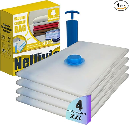 4 Mega Jumbo XXL Vacuum Storage Bags with Pump (47x35in), Supersized Compression Space Saver for Comforter, duvet, Bedding, Blanket storage, Vacuum Seal Bags for Clothing, Stuffed Toy, Cushions