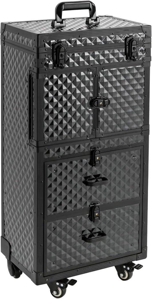 Rolling Makeup Case Large Storage Cosmetic Trolley, Rolling Lockable Makeup Train Case, Stylist Beauty Salon Cosmetic Luggage Travel Organizer Tool Box with Hair Dryer Holder