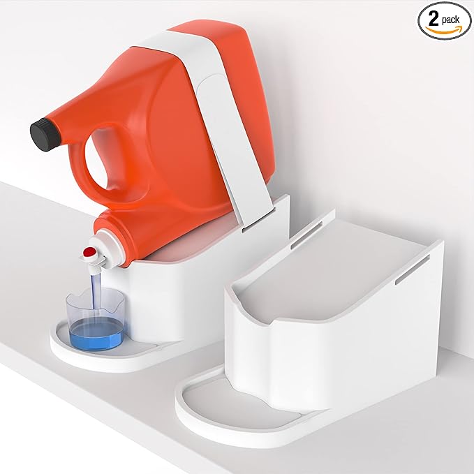 IMPRESA Laundry Detergent Stand - 2-Pack, White Drip Catcher & Liner, Laundry Detergent Storage - Hook & Loop Strap & Secure Grip Feet, Room Organization