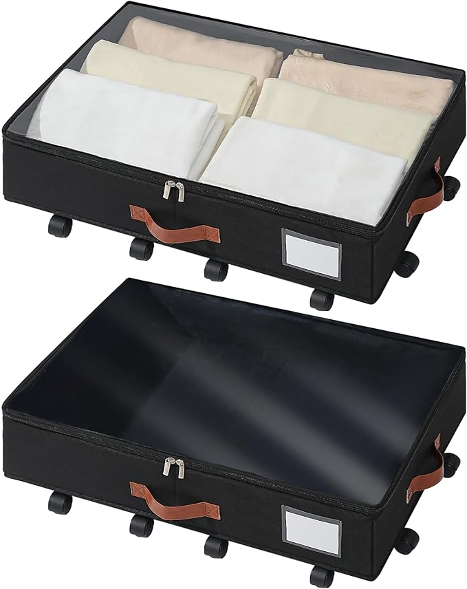 Under Bed Storage Organizer with Wheels, Underbed Container with Clear Lid Cover, Storage Bag Box with Visiable Window for Clothes, Bedsheet, Pillow, 2 Packï¼5.5 inches